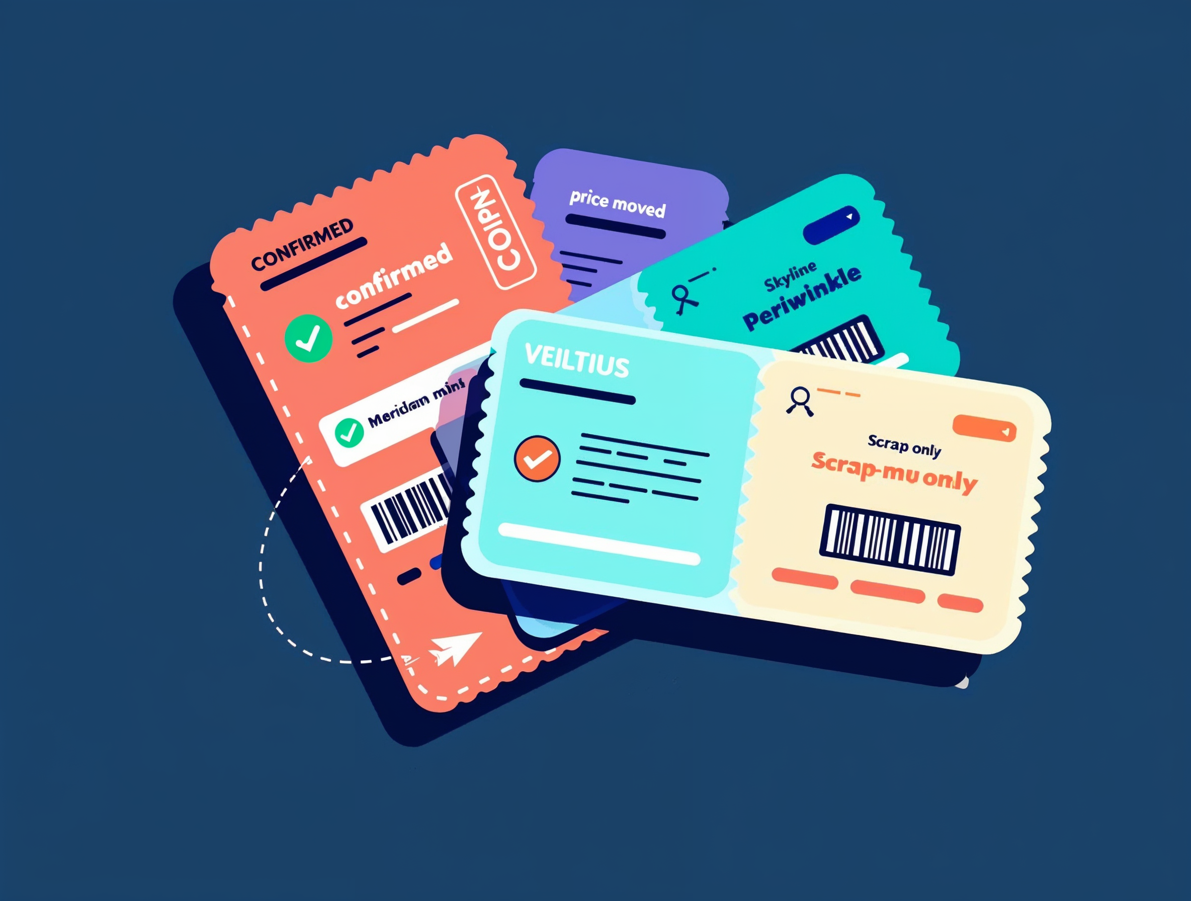 A fan of colored boarding-pass tickets, each rubber-stamped with a different cross-check verdict