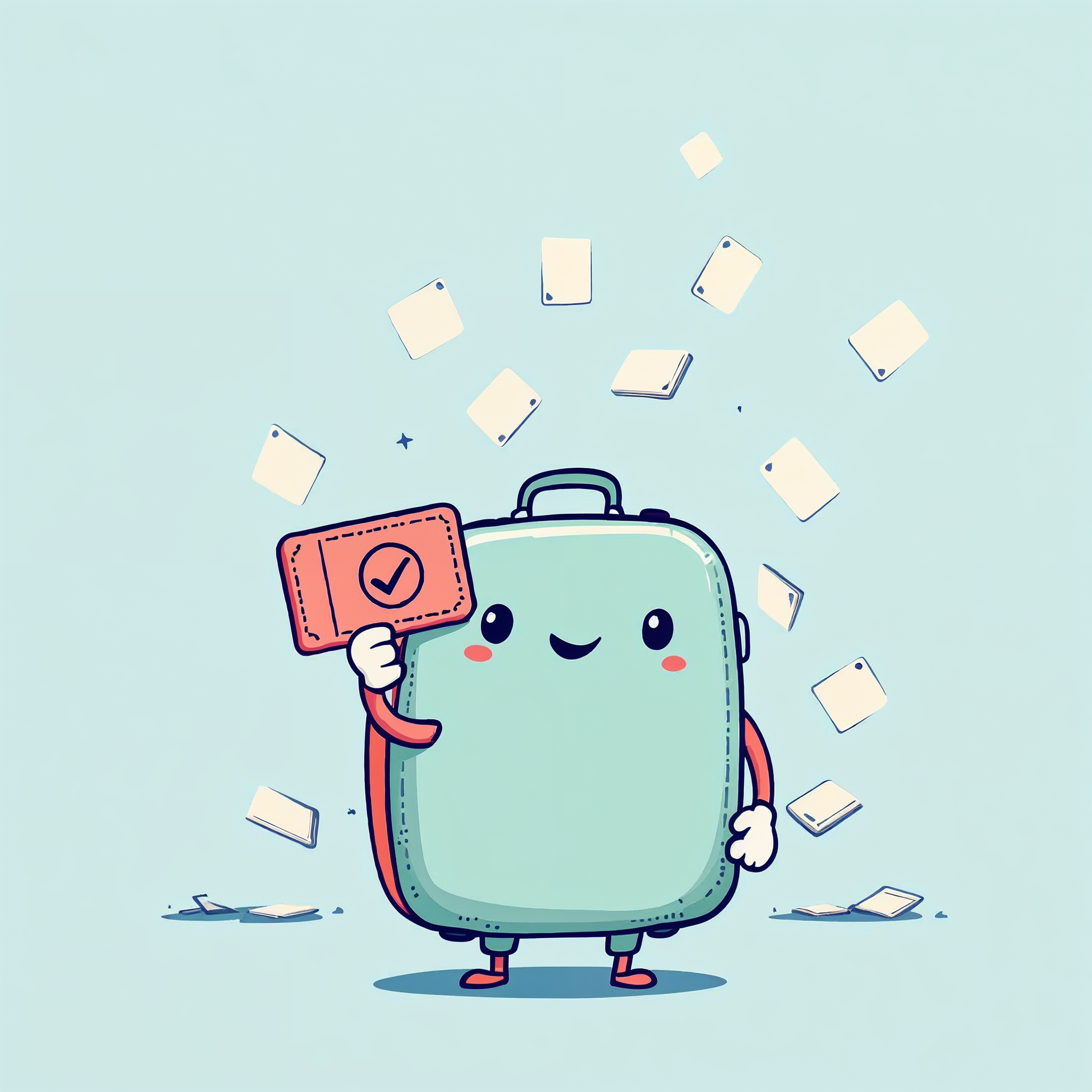 Pax, the tripplanner suitcase mascot, holding up one glowing verdict-stamped boarding pass while a stack of discarded options falls away in the background