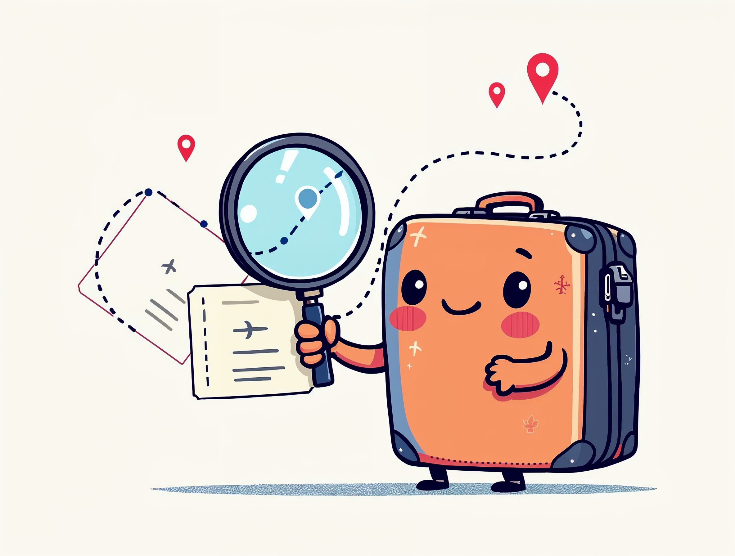Pax holding a magnifying glass over a boarding pass, tracing a dashed flight path between two map pins